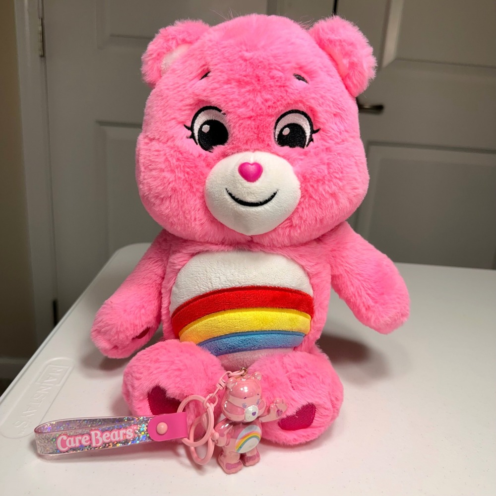 Care Bears Cheer Bear 14" Plush and Matching Keychain Set Pink Rainbow Y2K